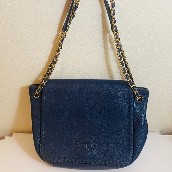 SOLD Tory Burch NWOT navy blue pebbled leather Marion shoulder bag - Picture 5 of 17